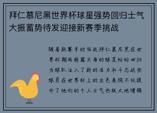 拜仁慕尼黑世界杯球星强势回归士气大振蓄势待发迎接新赛季挑战