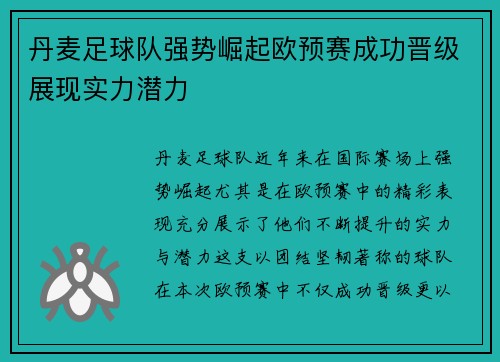 丹麦足球队强势崛起欧预赛成功晋级展现实力潜力
