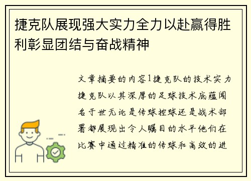捷克队展现强大实力全力以赴赢得胜利彰显团结与奋战精神