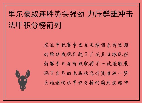 里尔豪取连胜势头强劲 力压群雄冲击法甲积分榜前列